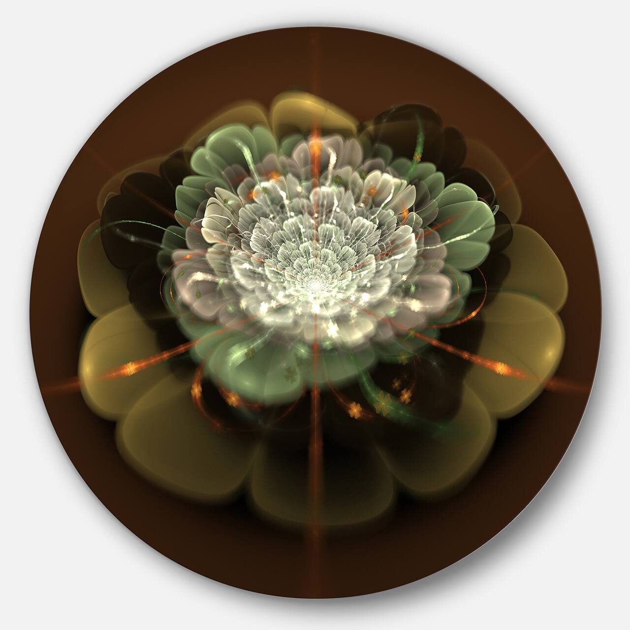Designart - White Fractal Flower on Brown' Disc Flower Artwork on Large Metal Circle Wall Art